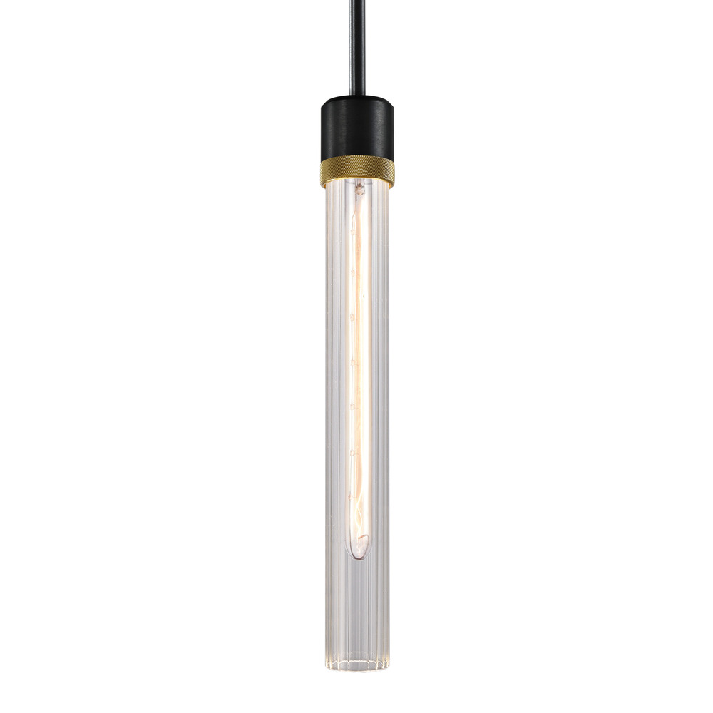 3&#34; E26 Cylindrical Pendant Light, 18&#34; Fluted Glass and Satin Brushed Black with Brass Finish