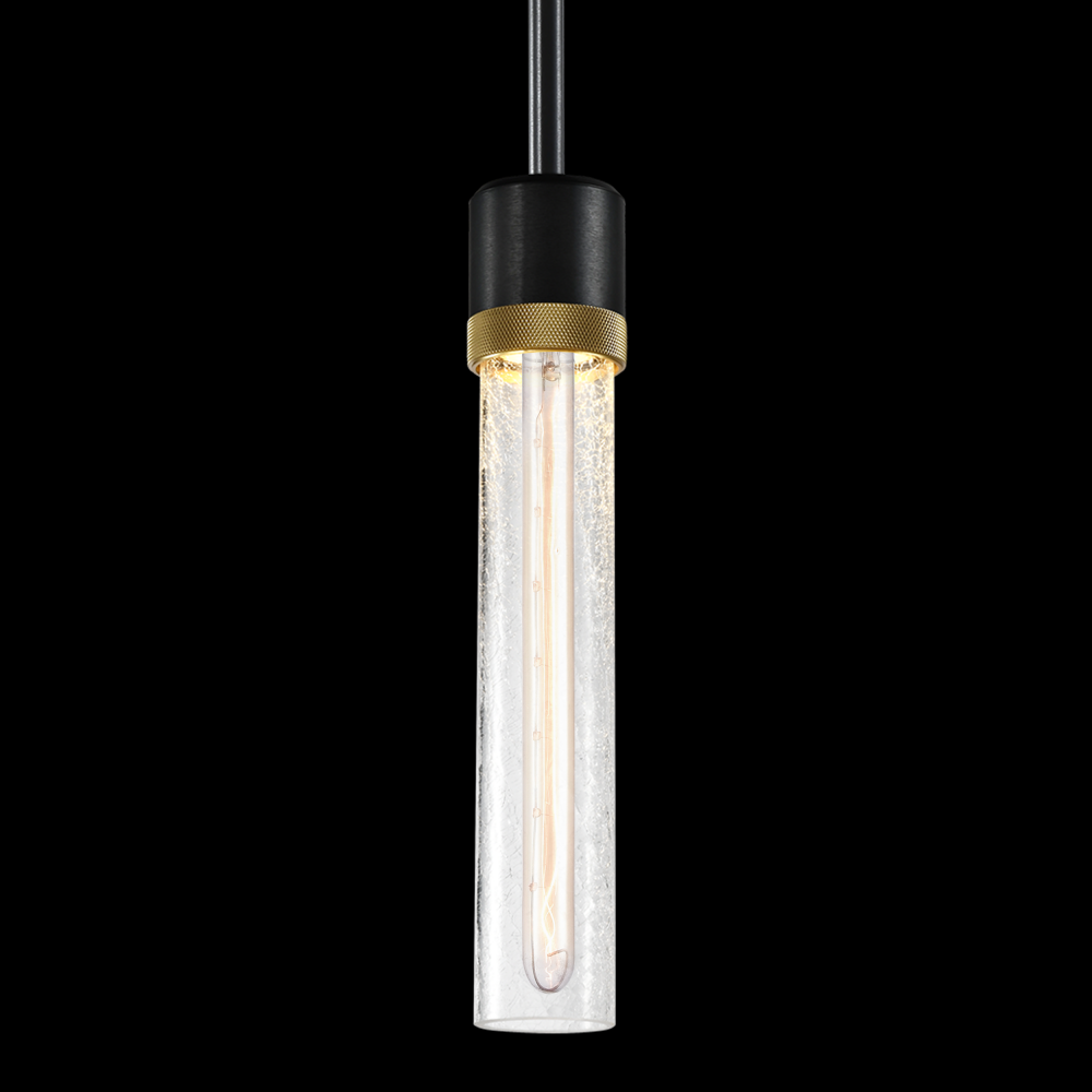 3&#34; E26 Cylindrical Pendant Light, 12&#34; Crackled Glass and Satin Brushed Black with Brass Fini