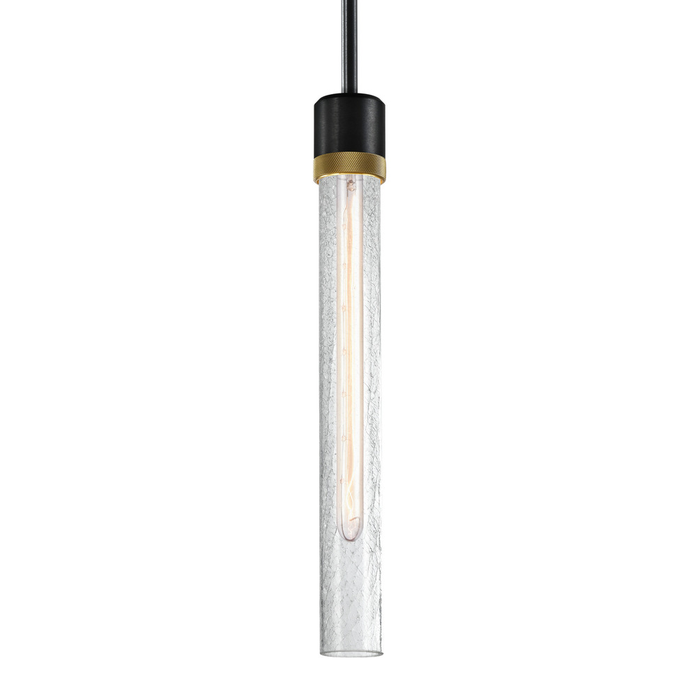 3&#34; E26 Cylindrical Pendant Light, 18&#34; Crackled Glass and Satin Brushed Black with Brass Fini