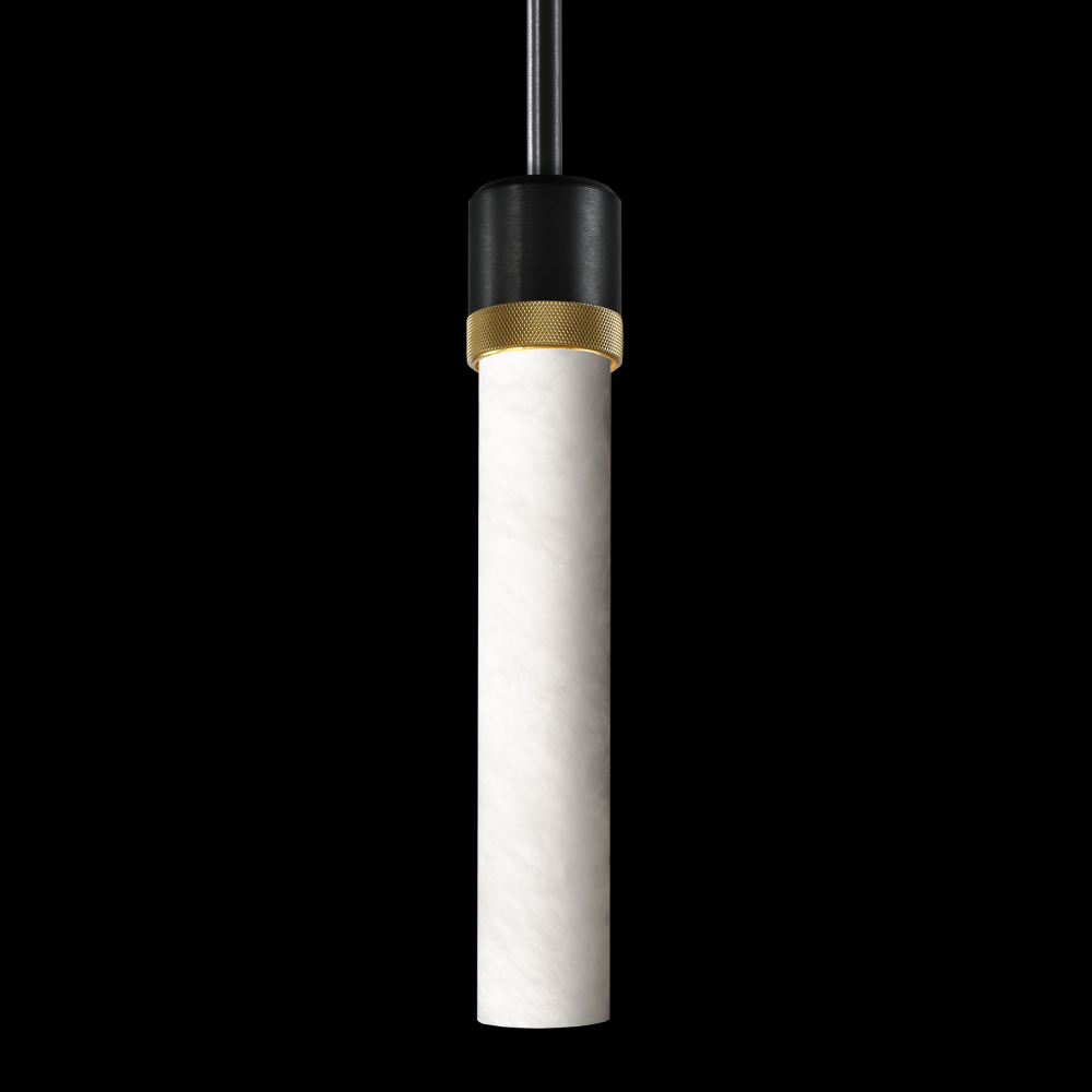 3&#34; E26 Cylindrical Pendant Light, 12&#34; Spanish Alabaster and Satin Brushed Black with Brass F