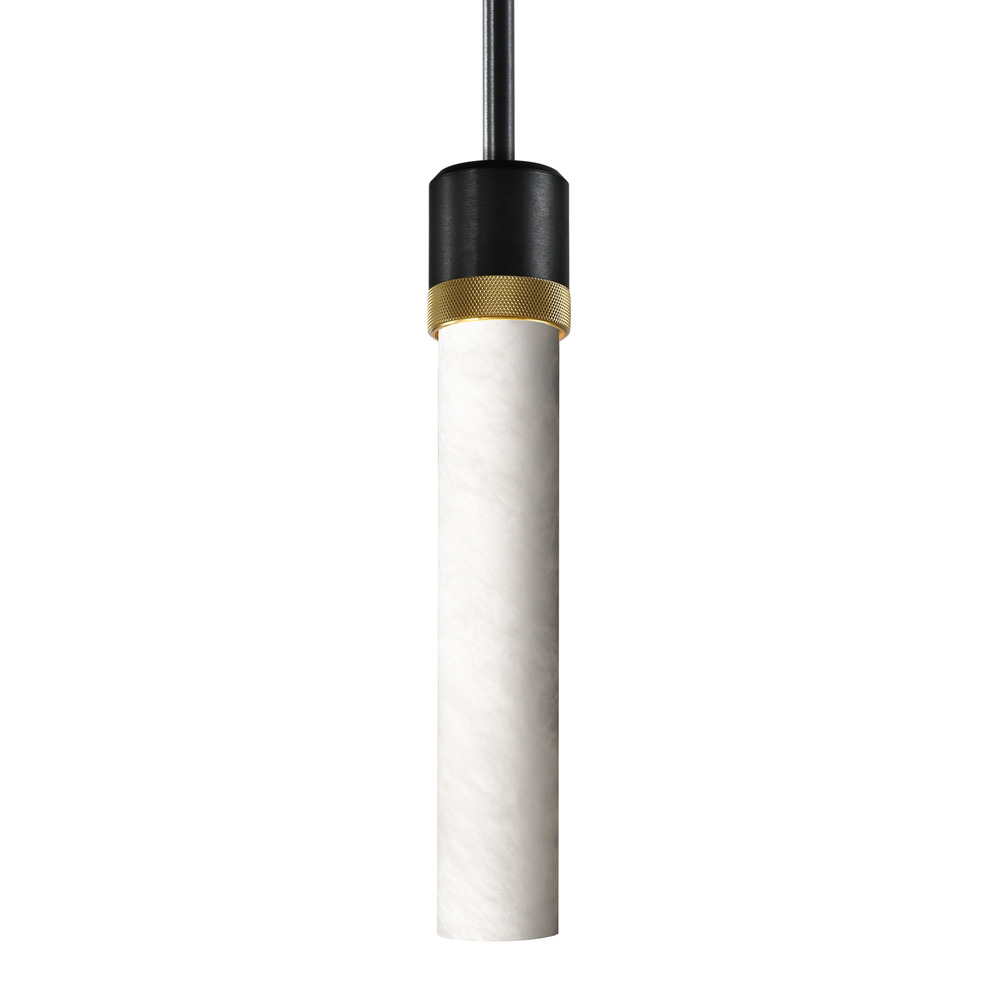 3&#34; E26 Cylindrical Pendant Light, 12&#34; Spanish Alabaster and Satin Brushed Black with Brass F