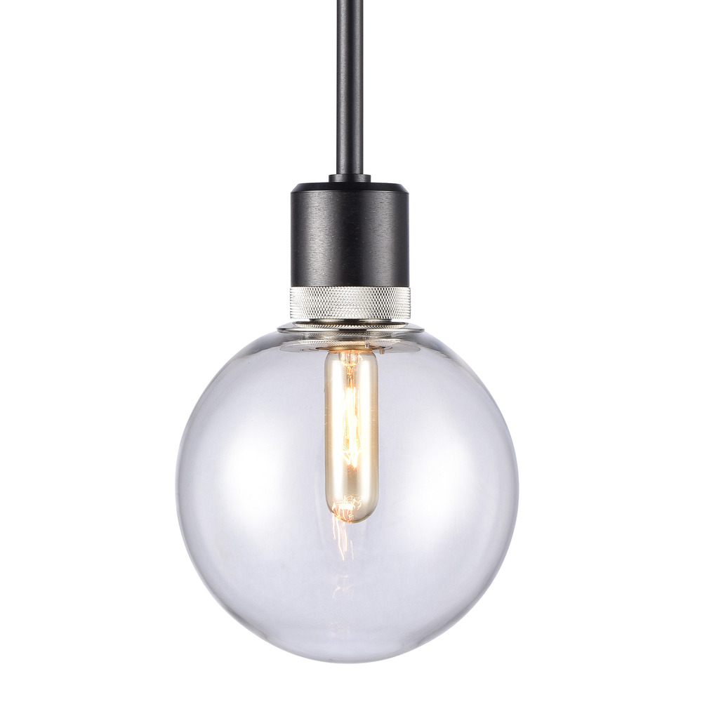 8&#34; E26 Clear Globe Glass Pendant Light and Satin Brushed Black with Nickel Metal Finish