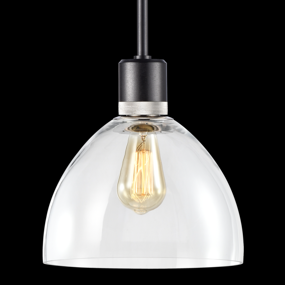 10&#34; E26 Clear Dome Glass Pendant Light and Satin Brushed Black with Nickel Metal Finish