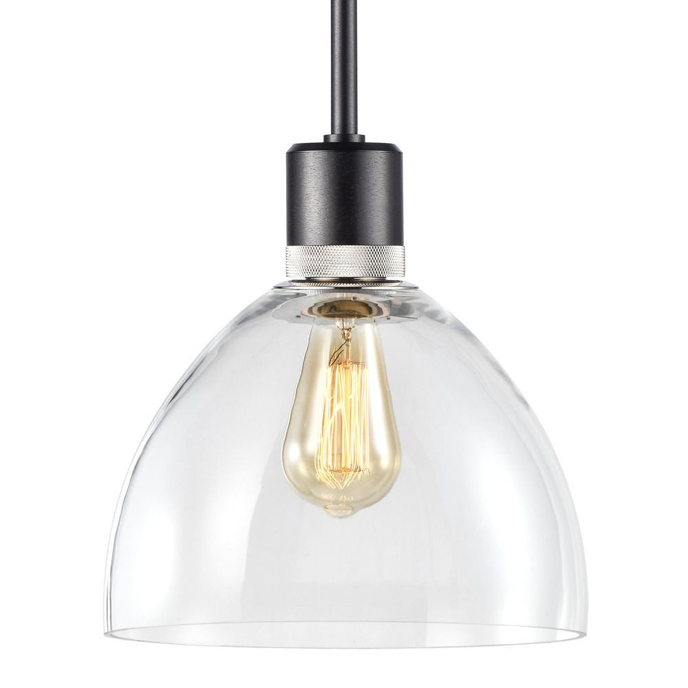 10&#34; E26 Clear Dome Glass Pendant Light and Satin Brushed Black with Nickel Metal Finish