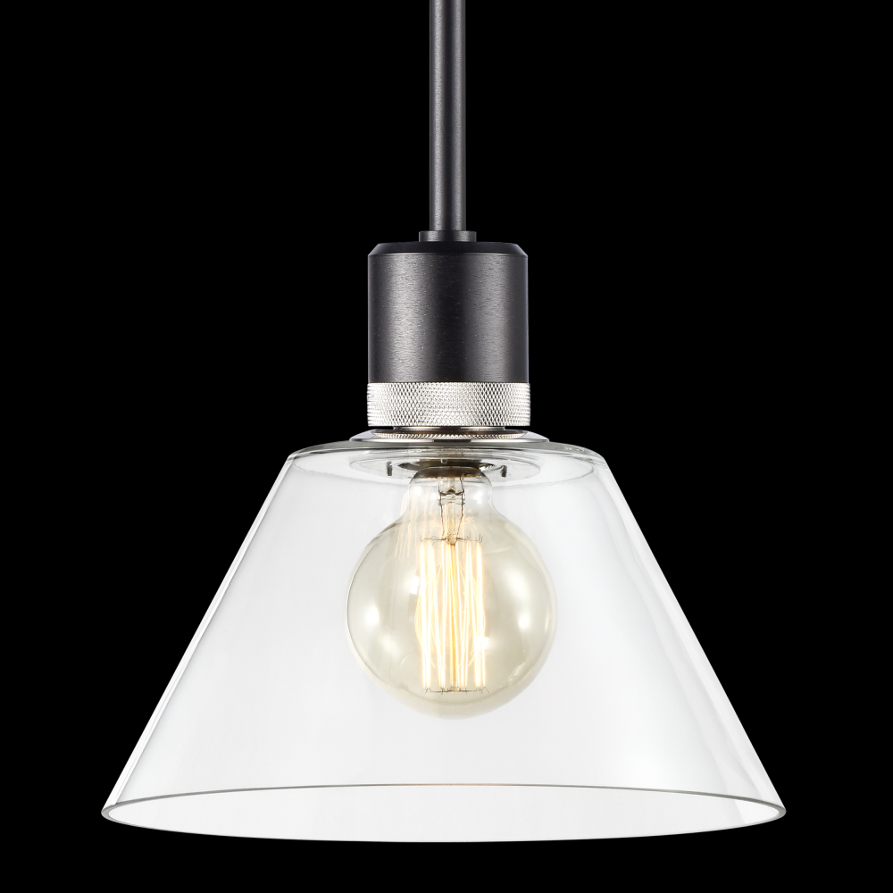 12&#34; E26 Clear Cone Glass Pendant Light and Satin Brushed Black with Nickel Metal Finish