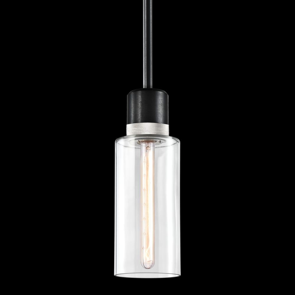 6&#34; E26 Cylindrical Drum Pendant Light, 12&#34; Clear Glass and Satin Brushed Black with Nickel M