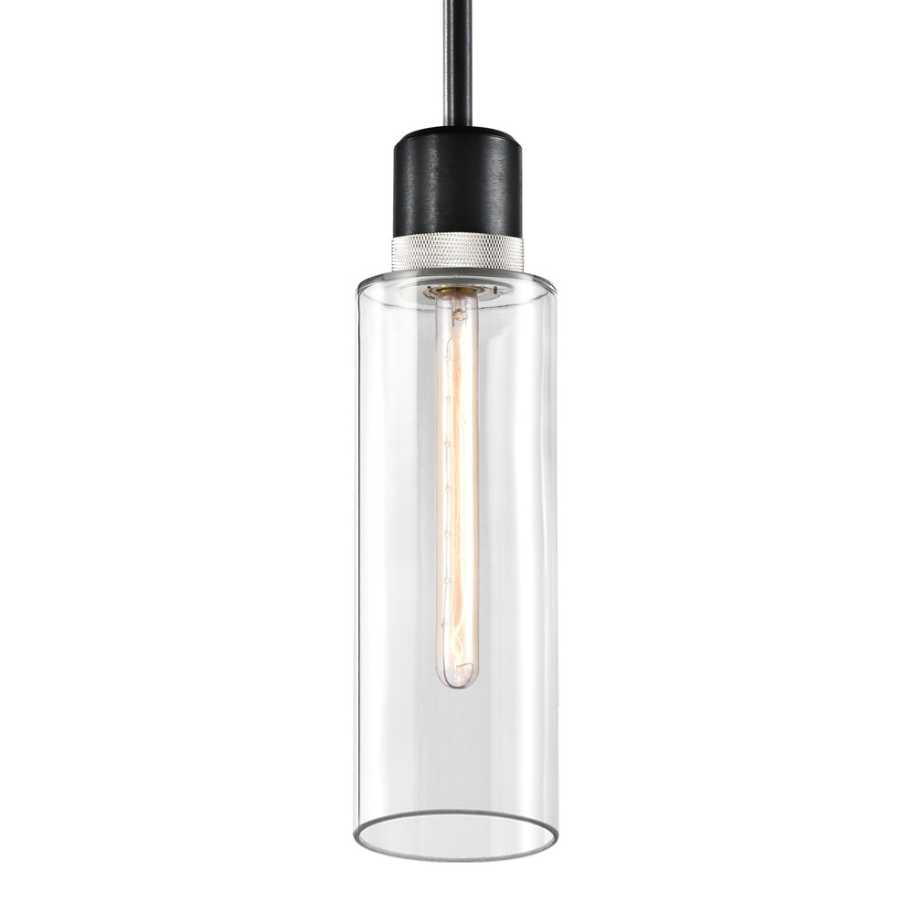 6&#34; E26 Cylindrical Drum Pendant Light, 18&#34; Clear Glass and Satin Brushed Black with Nickel M