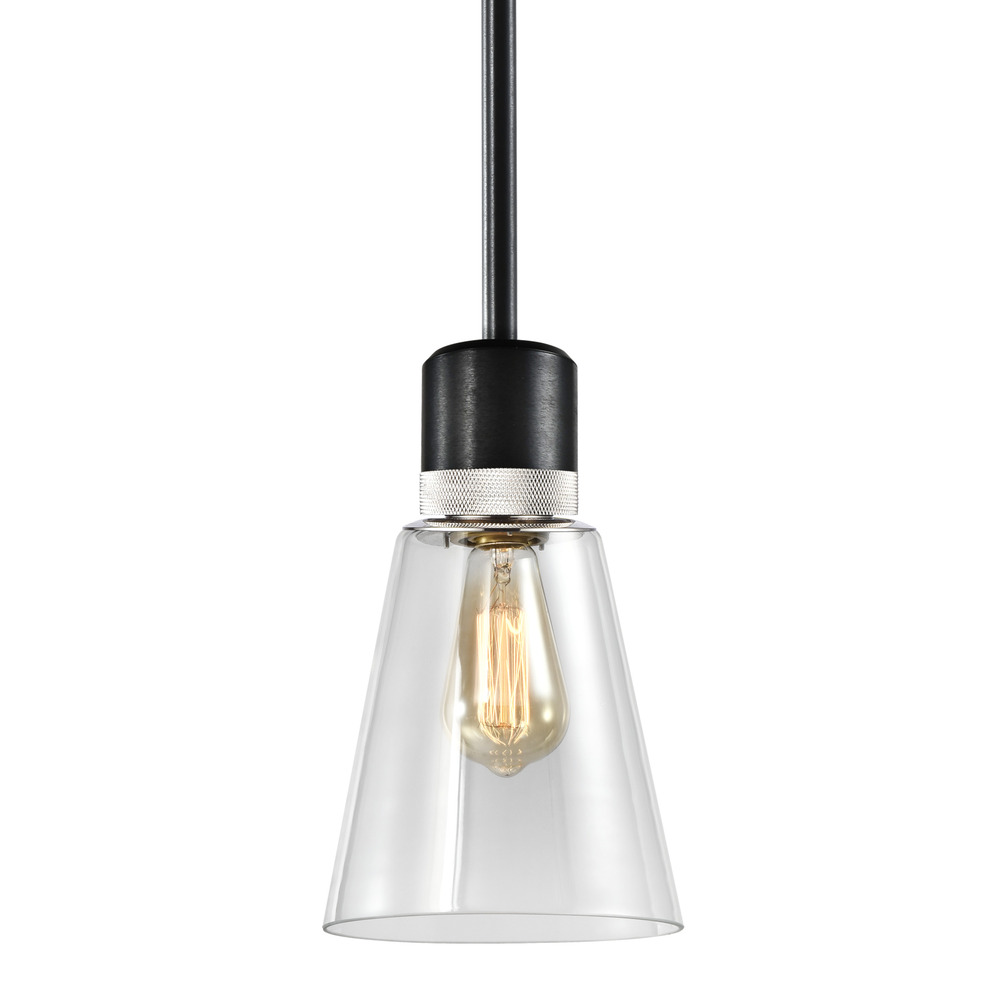 7&#34; E26 Clear Bell Glass Pendant Light, Satin Brushed Black with Nickel Metal Finish