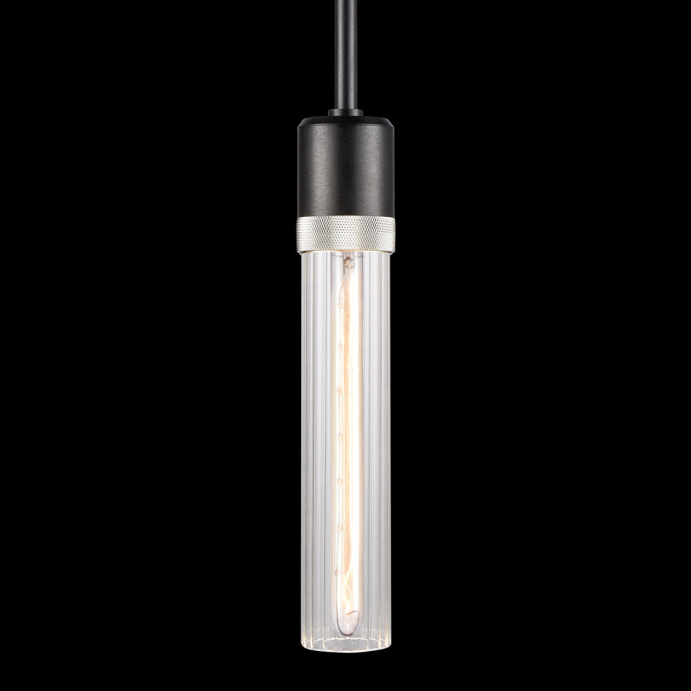 3&#34; E26 Cylindrical Pendant Light, 12&#34; Fluted Glass and Satin Brushed Black with Nickel Finis