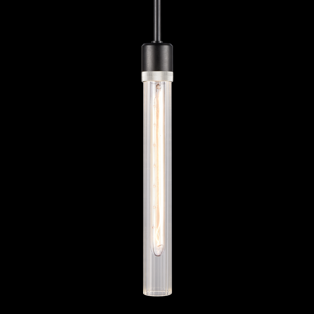 3&#34; E26 Cylindrical Pendant Light, 18&#34; Fluted Glass and Satin Brushed Black with Nickel Finis