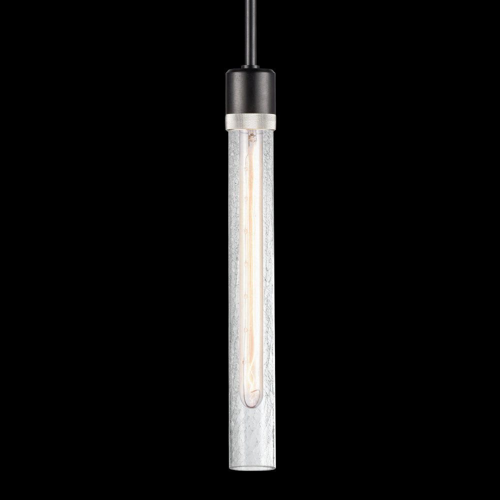 3&#34; E26 Cylindrical Pendant Light, 18&#34; Crackled Glass and Satin Brushed Black with Nickel Fin