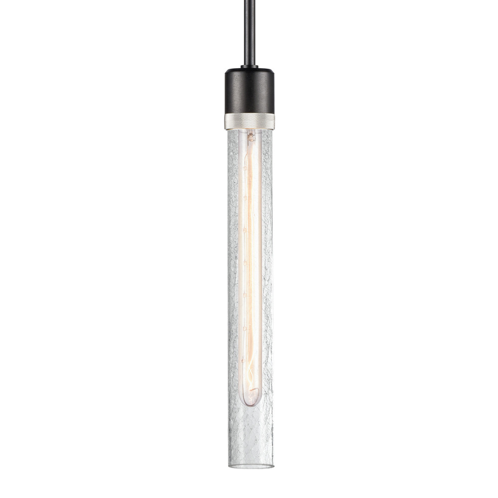 3&#34; E26 Cylindrical Pendant Light, 18&#34; Crackled Glass and Satin Brushed Black with Nickel Fin