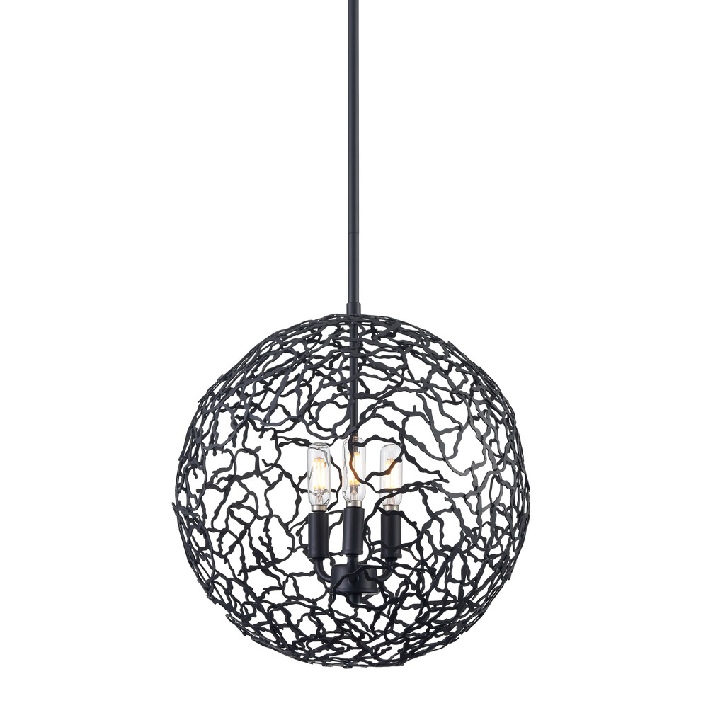 3-Light 14&#34; Organic Matte Black Metal Globe Pendant