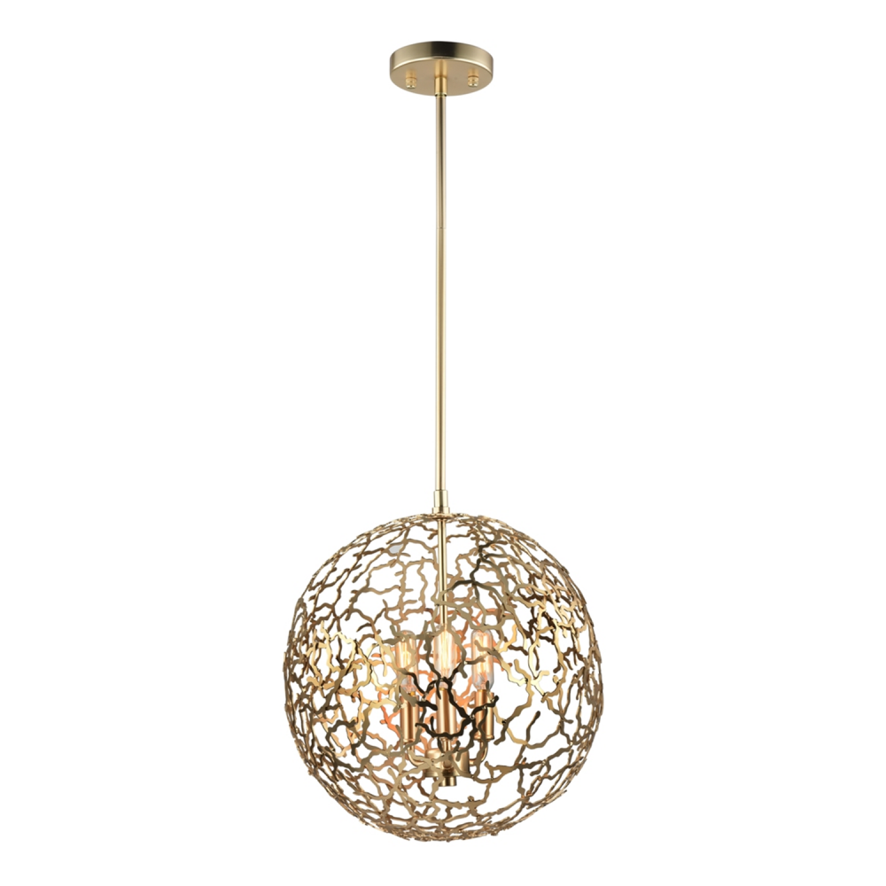 3-Light 14&#34; Organic Matte Gold Metal Globe Pendant