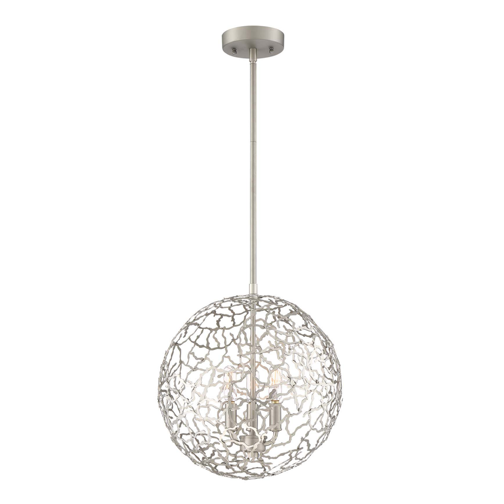 3-Light 14&#34; Organic Satin Nickel Metal Globe Pendant