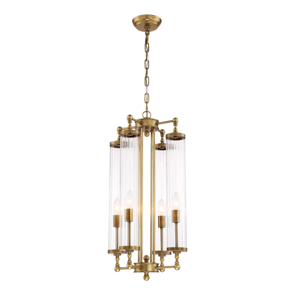 4-Light 14&#34; Decorative Aged Brass Fluted Glass Vertical Pendant
