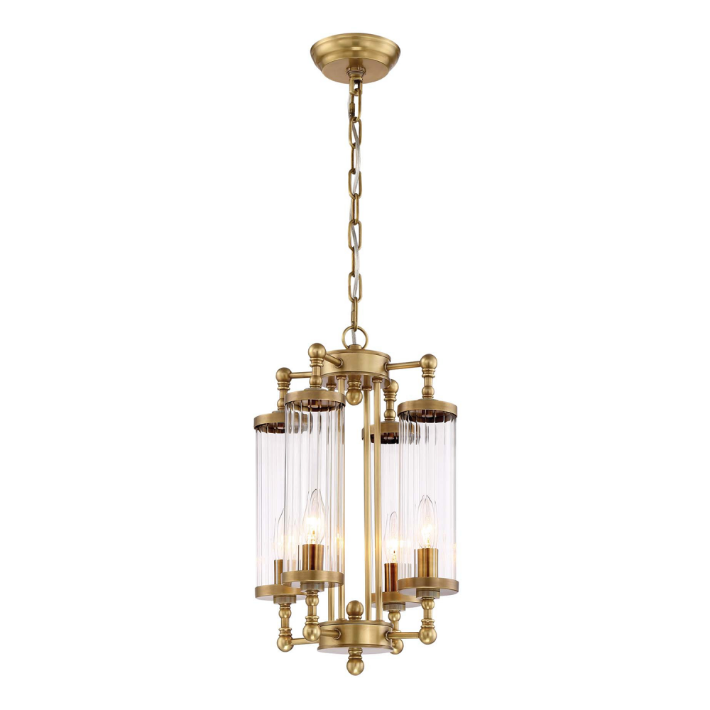 4-Light 12&#34; Decorative Aged Brass Fluted Glass Vertical Pendant