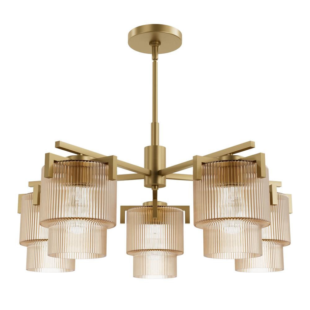 Hunter Ontario Luxe Gold with Amber Glass 5 Light Chandelier Ceiling Light Fixture