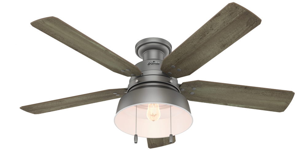 Hunter 52 inch Mill Valley Matte Silver Low Profile Damp Rated Ceiling Fan with LED Light Kit and Pu