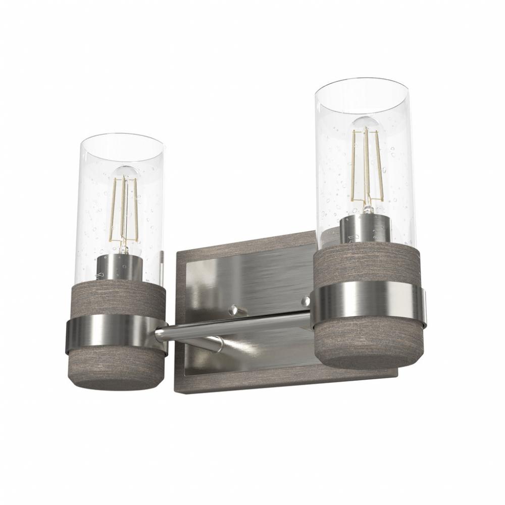 Hunter River Mill Brushed Nickel and Gray Wood with Seeded Glass 2 Light Bathroom Vanity Wall Light
