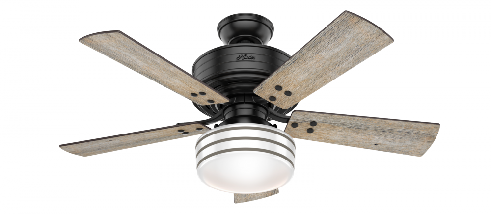 Hunter 44 inch Cedar Key Matte Black Damp Rated Ceiling Fan with LED Light Kit and Handheld Remote