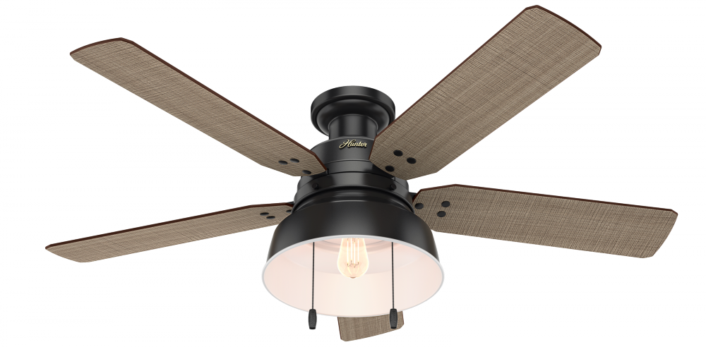 Hunter 52 inch Mill Valley Matte Black Low Profile Damp Rated Ceiling Fan with LED Light Kit and Pul
