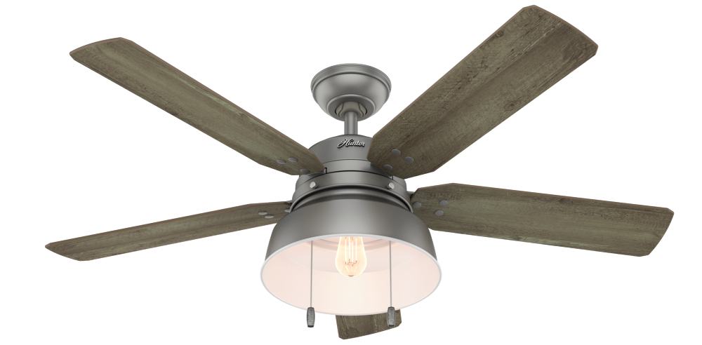 Hunter 52 inch Mill Valley Matte Silver Damp Rated Ceiling Fan with LED Light Kit and Pull Chain