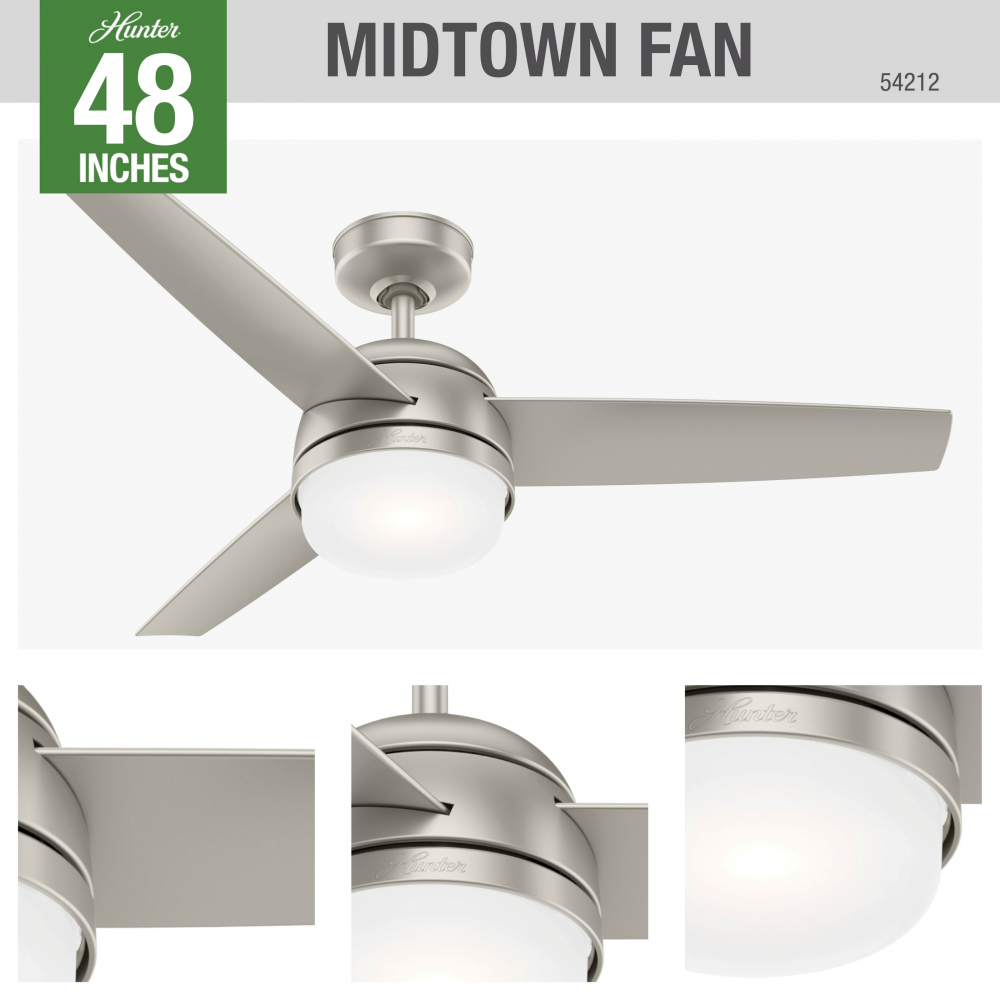 Hunter 48 inch Midtown Matte Nickel Ceiling Fan with LED Light Kit and Handheld Remote