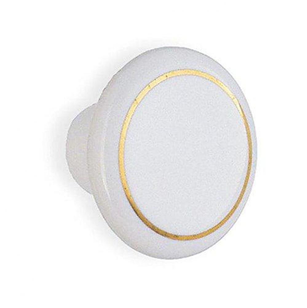 White Porcelain Knob W Gold Rim 1&#xbd; Diam,