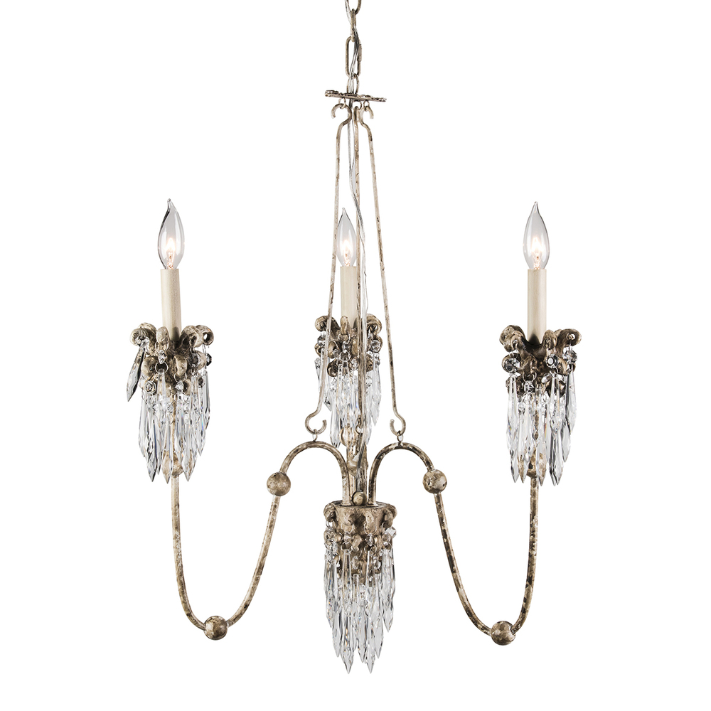 Flambeau&#39;s Venetian 3 Light Mini Chandelier in Distressed White Bronze and Crystal