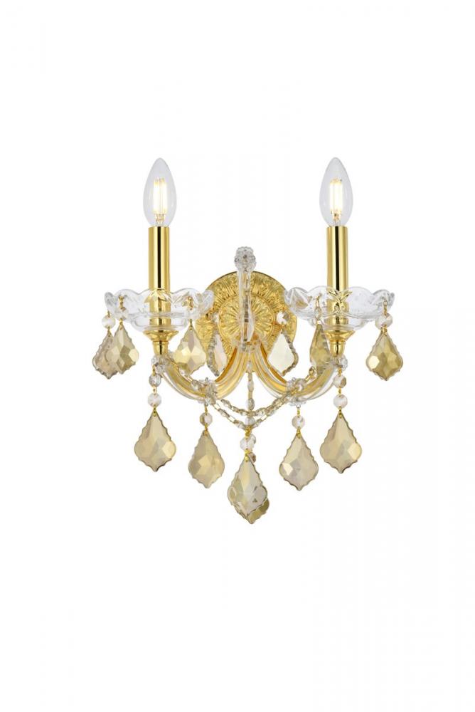 Maria Theresa 2 Light Gold Wall Sconce Golden Teak (Smoky) Royal Cut Crystal