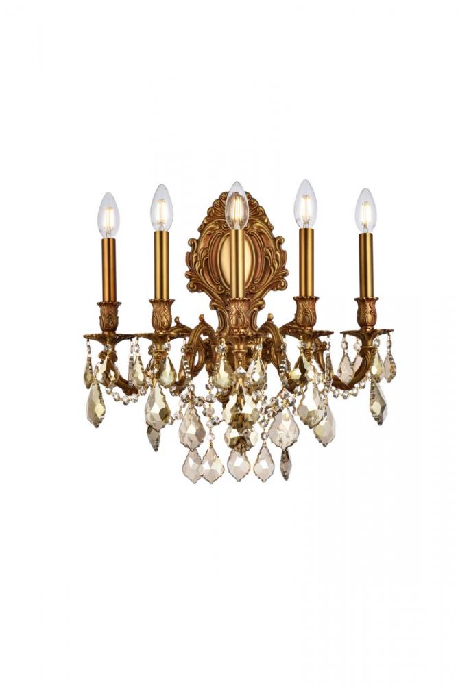 Monarch 5 Light French Gold Wall Sconce Golden Teak (Smoky) Royal Cut Crystal