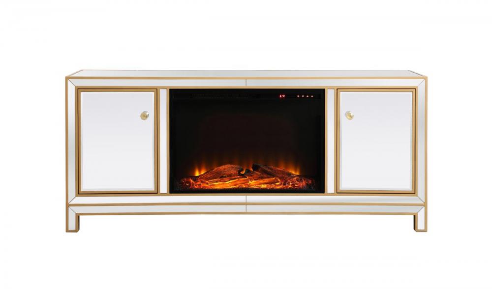 Reflexion 60 in. mirrored tv stand with wood fireplace in gold