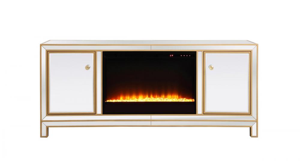 Reflexion 60 In. Mirrored Tv Stand with Crystal Fireplace in Gold