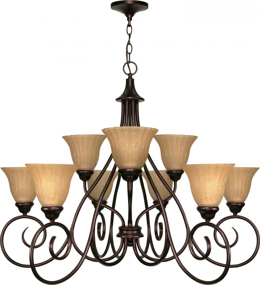 2-Tier 9-Light 28&#34; Copper Bronze Chandelier with Champagne Linen Washed Glass
