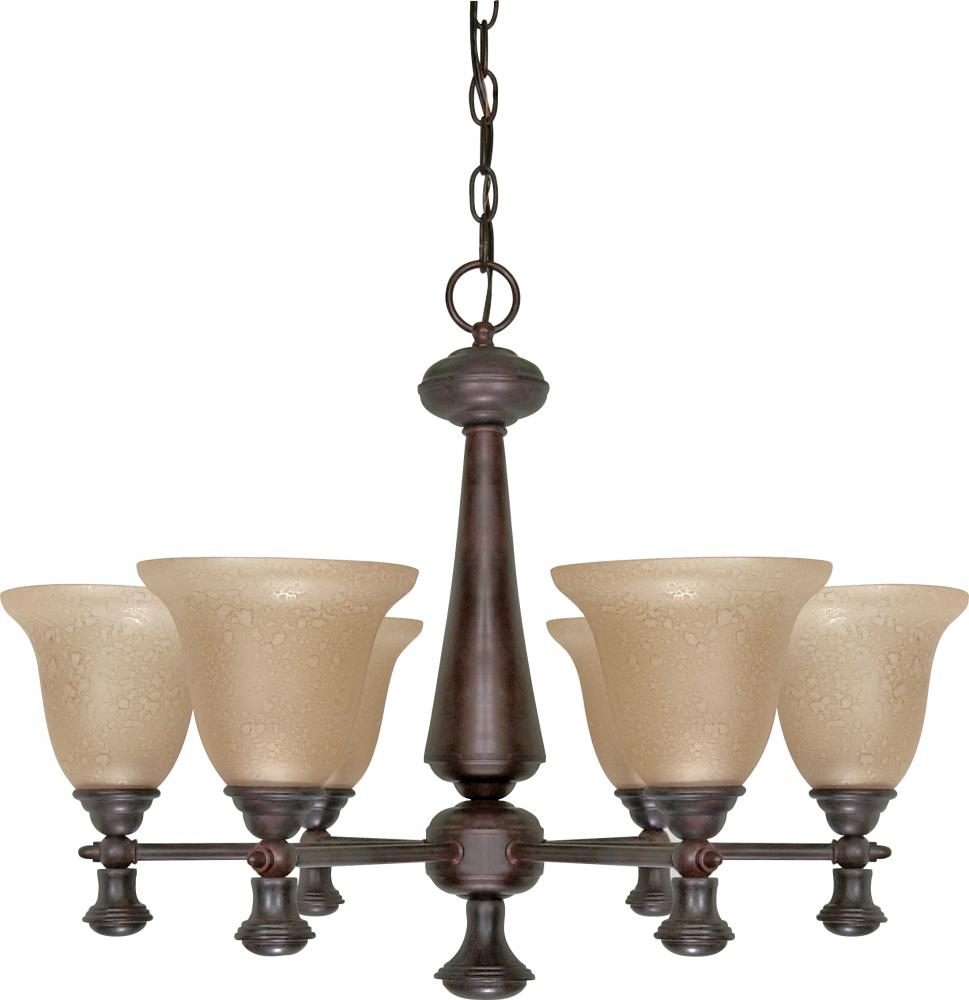 6-Light 26&#34; Old Bronze Chandelier with Amber Water Glass
