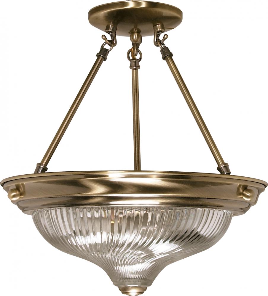 2-Light 13&#34; Semi Flush Light Fixture in Antique Brass Finish with Clear Swirl Glass