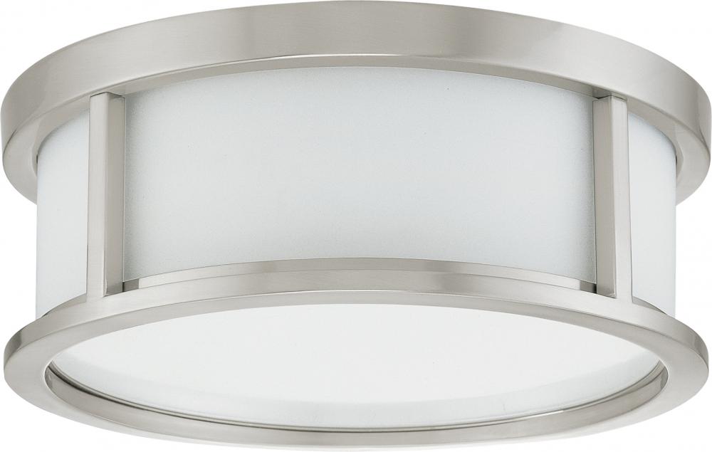 Odeon - 2 Light 13&#34; Flush Dome with Satin White Glass - Brushed Nickel Finish