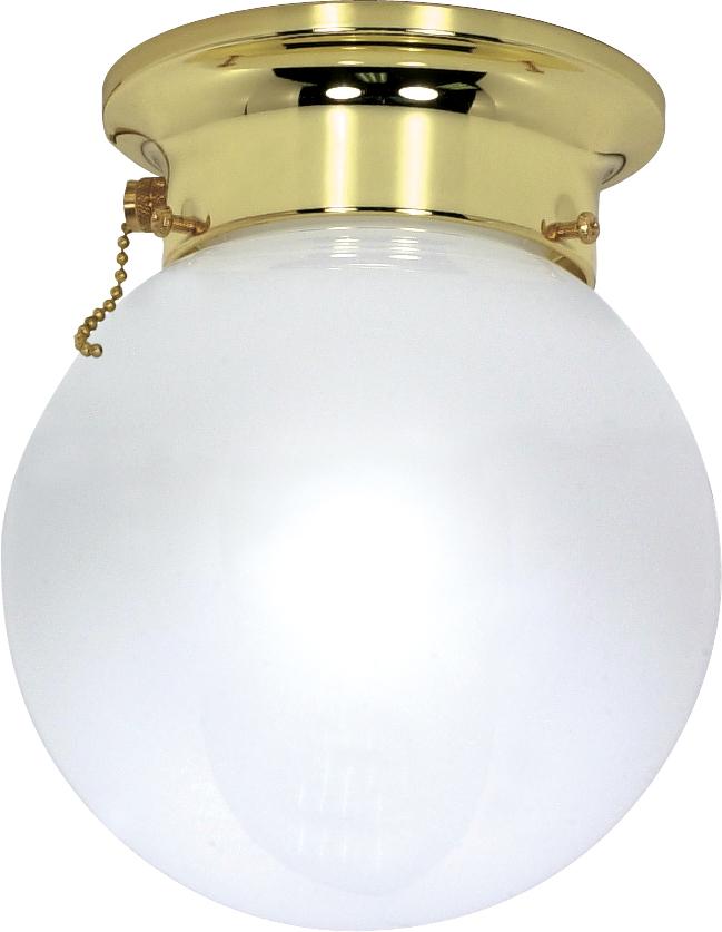 1 Light - 8&#34; Flush with White Glass and Pull Chain Switch - Polished Brass Finish