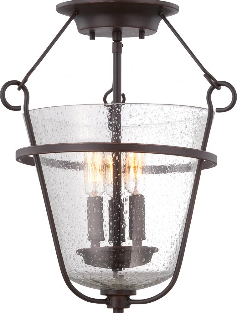 3-Light Semi Flush Light Fixture in Copper Espresso Finish with Clear Seeded Glass