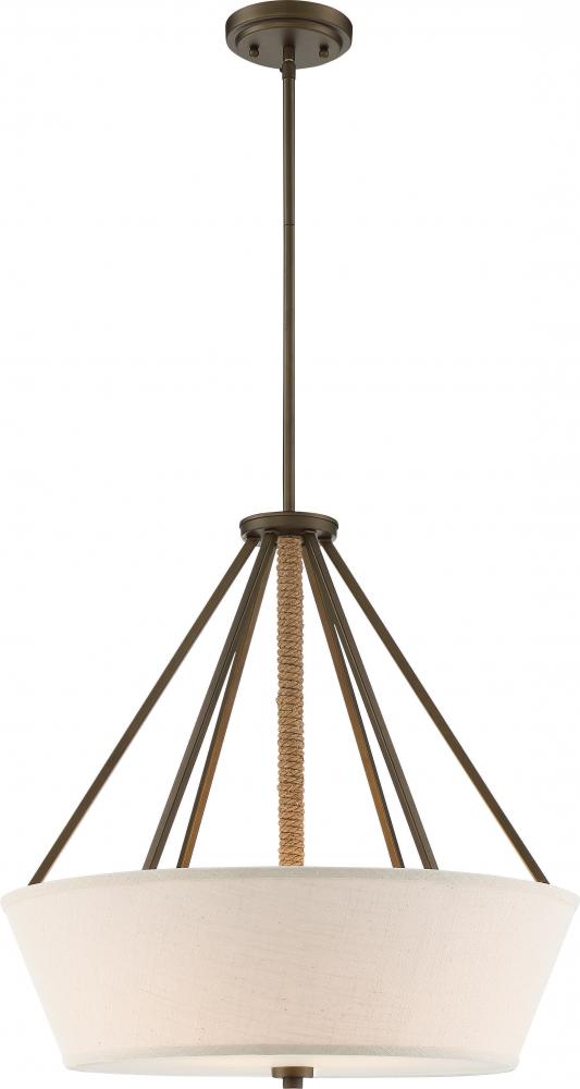 Seneca - 4 Light 22&#39;&#39; Pendant with Beige Linen Fabric Shade - Aged Bronze Finish with Rope