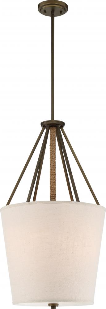 Seneca - 3 Light 17&#39;&#39; Pendant with Beige Linen Fabric Shade - Aged Bronze Finish with Rope