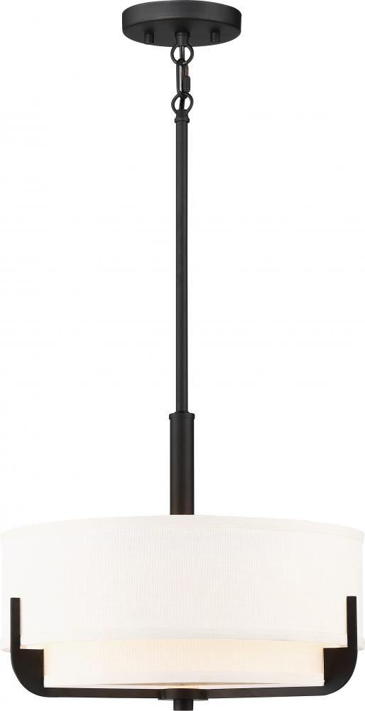 Frankie - 3 Light 14&#34; Pendant with Cream Fabric Shade & Frosted Diffuser - Aged Bronze Finish