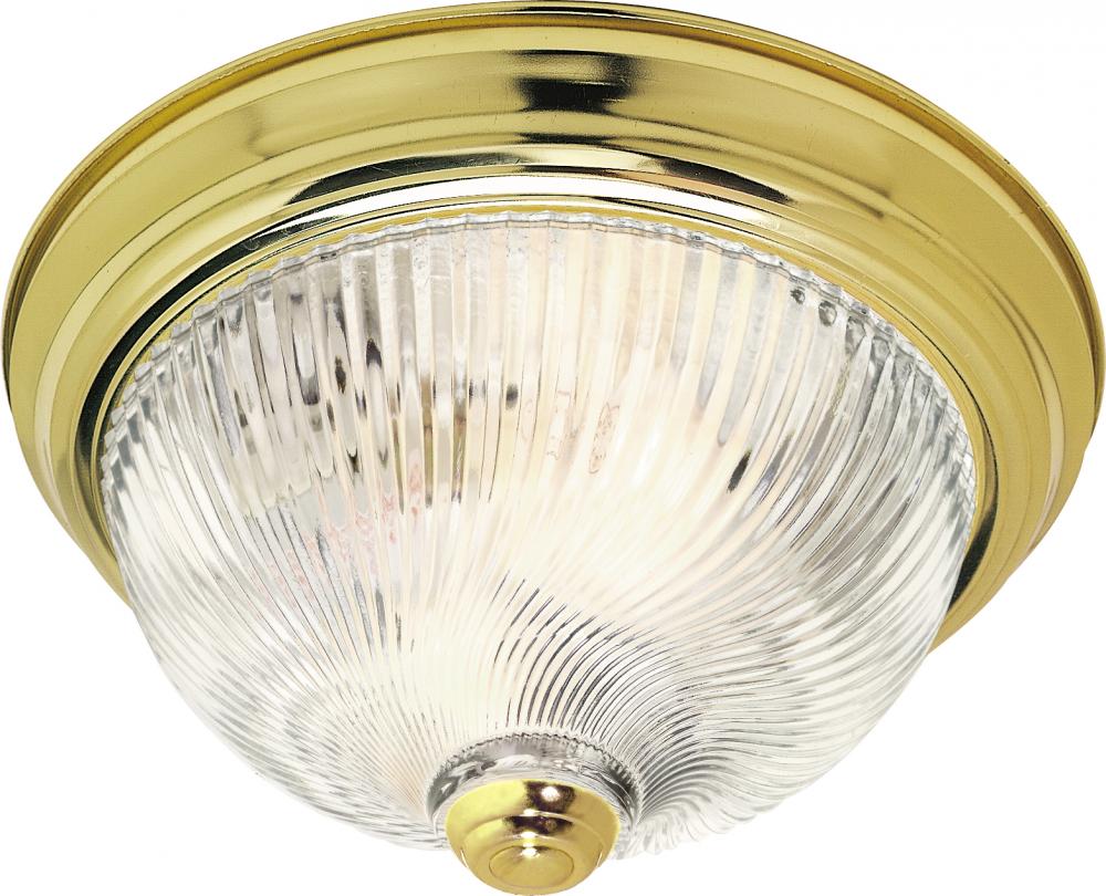2 Light - 11&#34; Flush with Clear Ribbed Swirl Glass - Polished Brass Finish