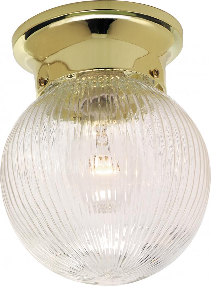 1 Light - 6&#34; Flush with Clear Ribbed Glass - Polished Brass Finish